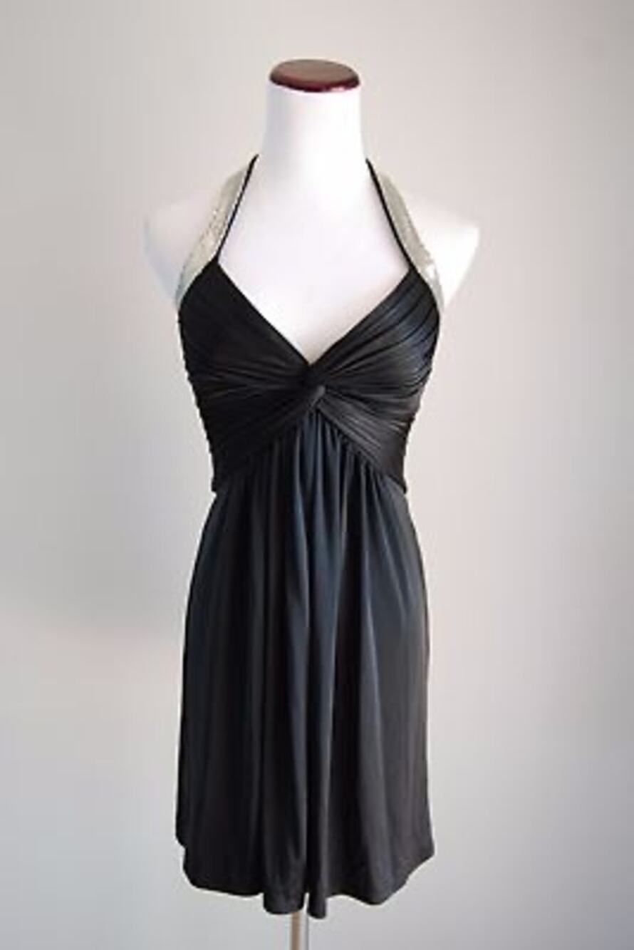 Y2K BCBGMAXAZRIA Halter Mini Dress XS Black Silver Chainmail Cocktail Party LBD